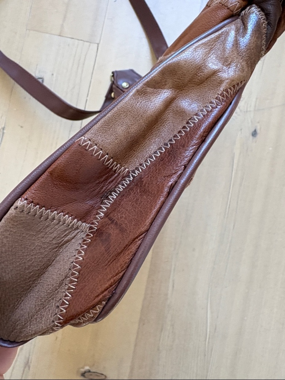Vintage Patchwork Leather / PVC Crossbody Bag in Mixed Brown Tones - Picture 5 of 7